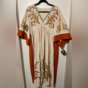 Blue Velvet Cream Maxi Dress with Rust and Turquoise Embroidery- EUC